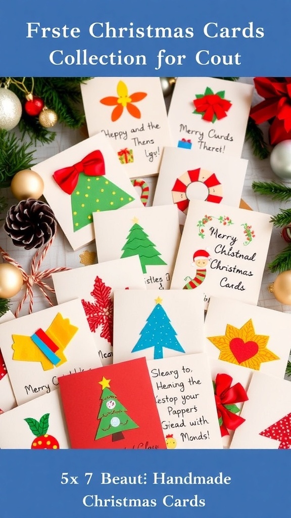 A variety of handmade Christmas cards with colorful designs and festive decorations on a holiday-themed table.